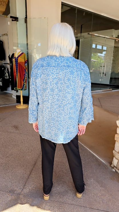 Multiples Light Denim Star Button Front Shirt M26308JW