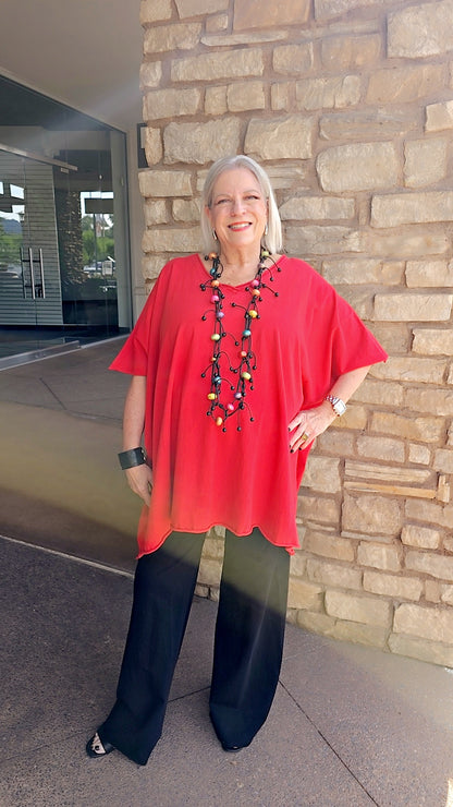 Cotton Lani Red One Size Oversized V-Neckline Tee J715