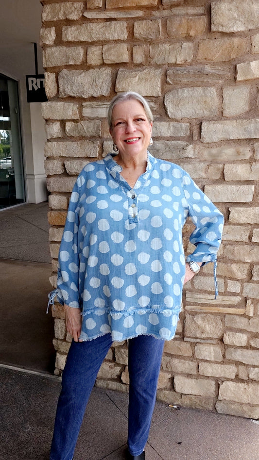 Multiples Plus Size Light Demin Dot Half Button Shirt M16111TM