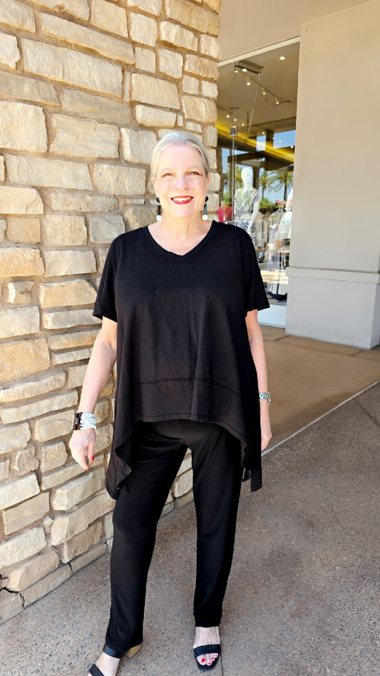 Cotton Lani Black Cotton Uneven Hemline Top JS303