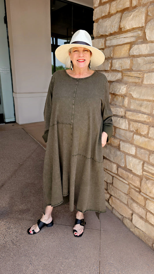 Cotton Lani Plus Size Olive Cotton High Low Pullover Dress J736