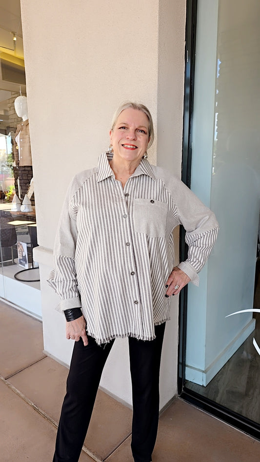 Multiples Plus Size Grante Cuffed Raglan Button Shirt M45506BM