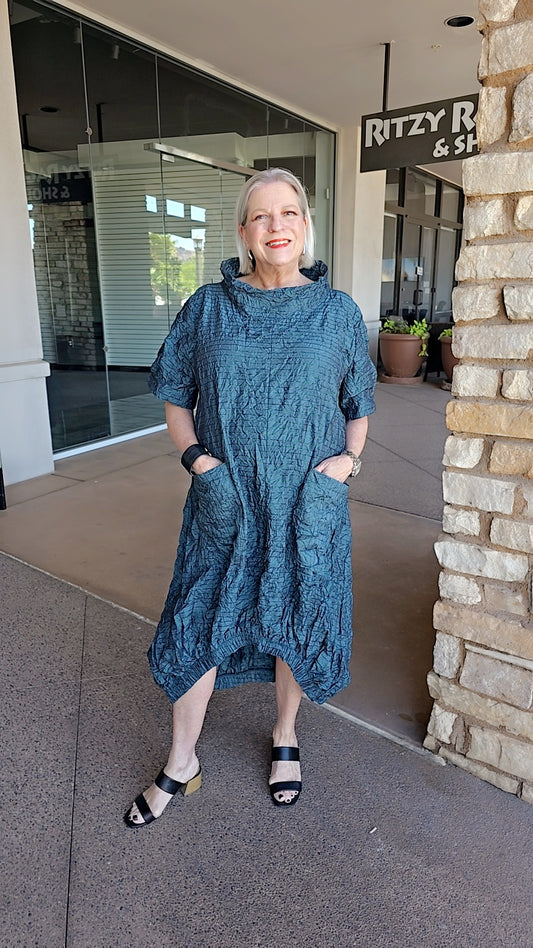 Kozan Plus Size Mineral Wash Crinkle Teal Dress IL1794