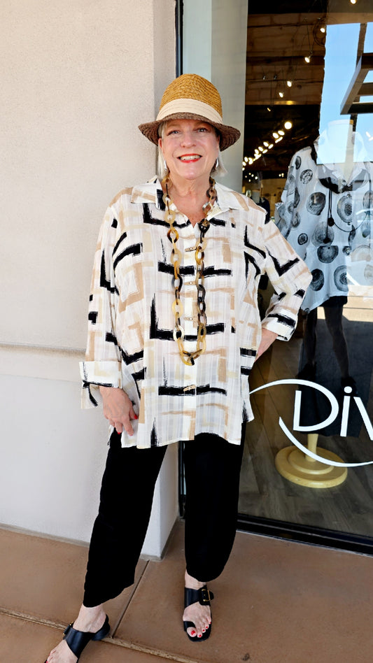Multiples Plus Size Multi Cream/Black Detailed Shirt M35311BW