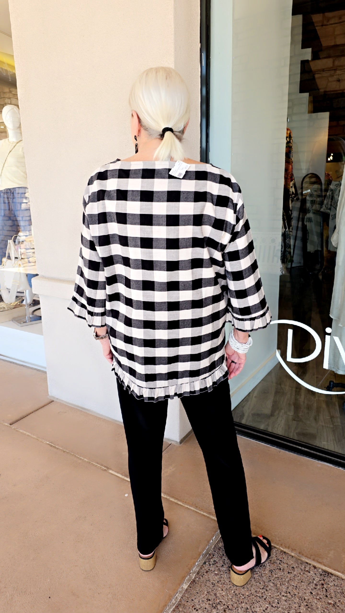 Multiples Black/White Plaid Ruffle High/Low Top M36608TM