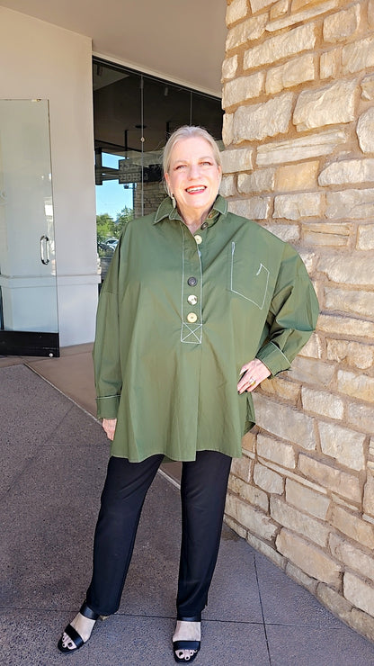 Kedem Sasson Green Half Button Oversized Shirt P45