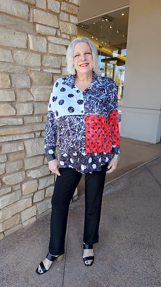 Shana Black/Wht/Red Crinkle Dot Print Button Front Shirt 26022