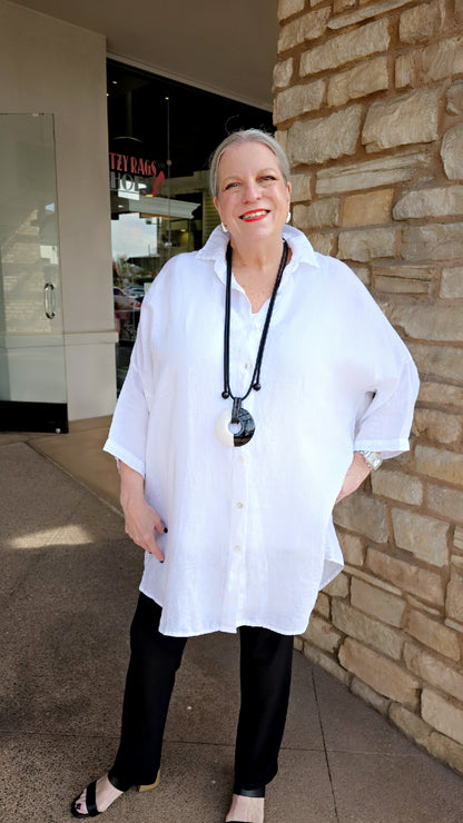 Cut Loose White One Size Long Button Front Linen Shirt 4206636