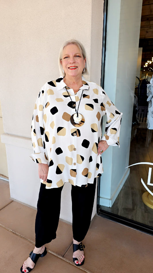 Multiples Plus Size White/Tan Square Dot Button Front Shirt M35301BW