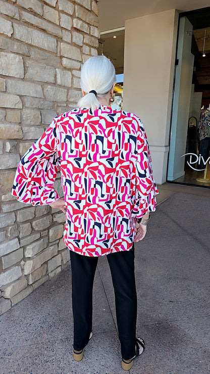 Multiples Multi Print Elbow Flounce Slv Button Front Shirt M16601BM