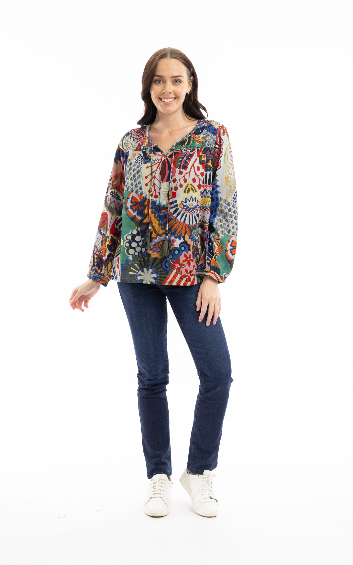 Orientique Plus Size Hotel Cali Pullover Tie Neck Blouse 62724