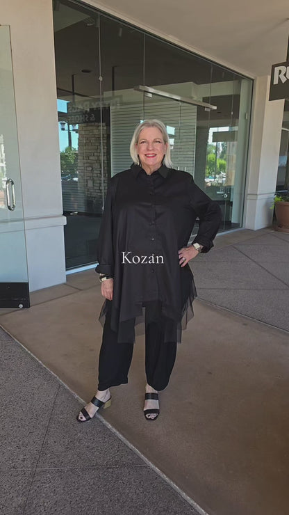 Kozan Plus Size Black Peqaus Button Front Long Shirt POA887