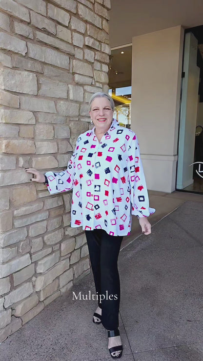 Multiples Multi Square Print Turn Up Cuff 3/4 Slv Button Front Shirt M16606BM