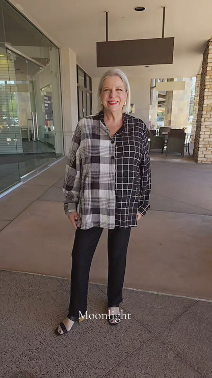 Moonlight Black/White Plaid Half Button Top 2906