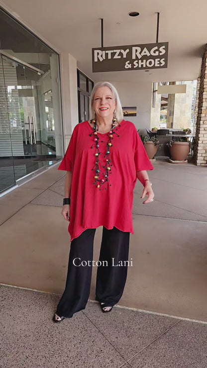 Cotton Lani Red One Size Oversized V-Neckline Tee J715