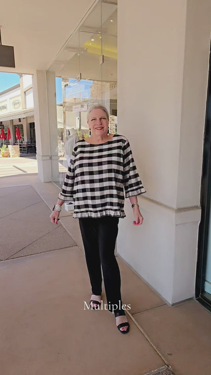 Multiples Black/White Plaid Ruffle High/Low Top M36608TM