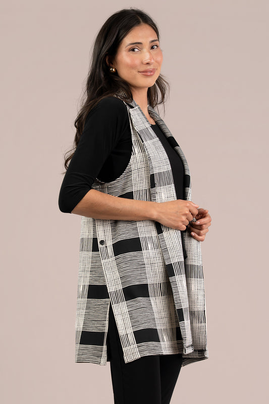 Sympli Ecru Plaid Cloud Long City Vest CP25230P