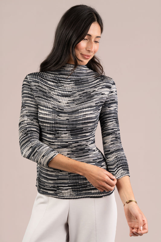 Sympli Black Multi Plisse Mock Neck Top PL22454P-2