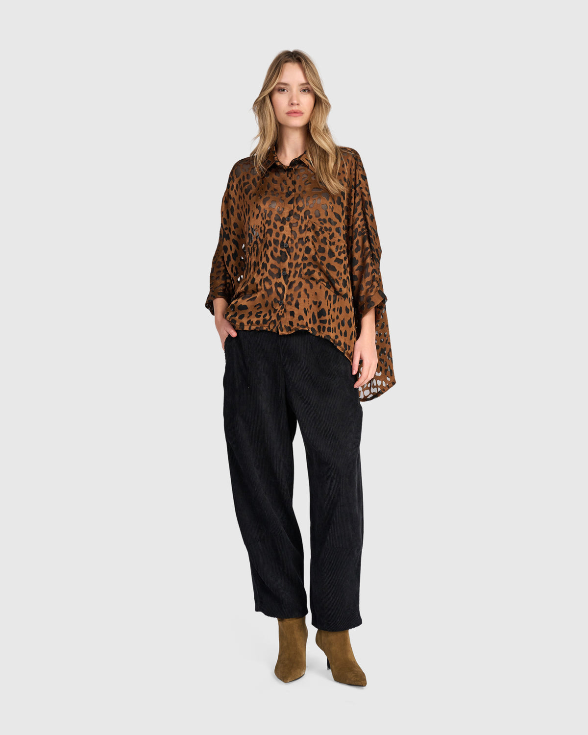 Alembika Cognac Animal Print Sheer Blouse AT823C